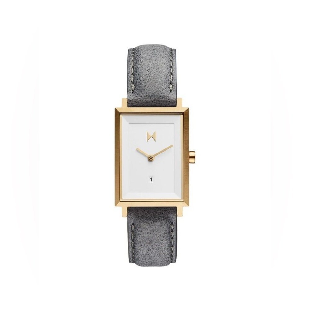 MVMT Gold Rectangular Watch with White Dial and Gray Strap
